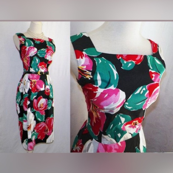 Lanz Originals 80 vintage New black floral pocket sun dress size 4 - Picture 1 of 4